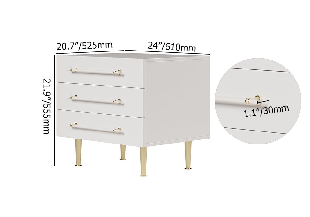 HMR - Modern White 3 Drawer Nightstand Bedside Table with Storage