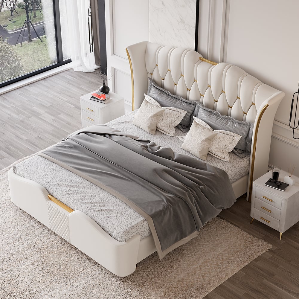 HMR Luxury Upholstered Bed Frame with Tufted Wingback Headboard - Off-White, Queen Size