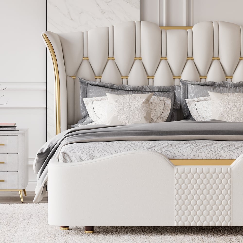 HMR Luxury Upholstered Bed Frame with Tufted Wingback Headboard - Off-White, Queen Size
