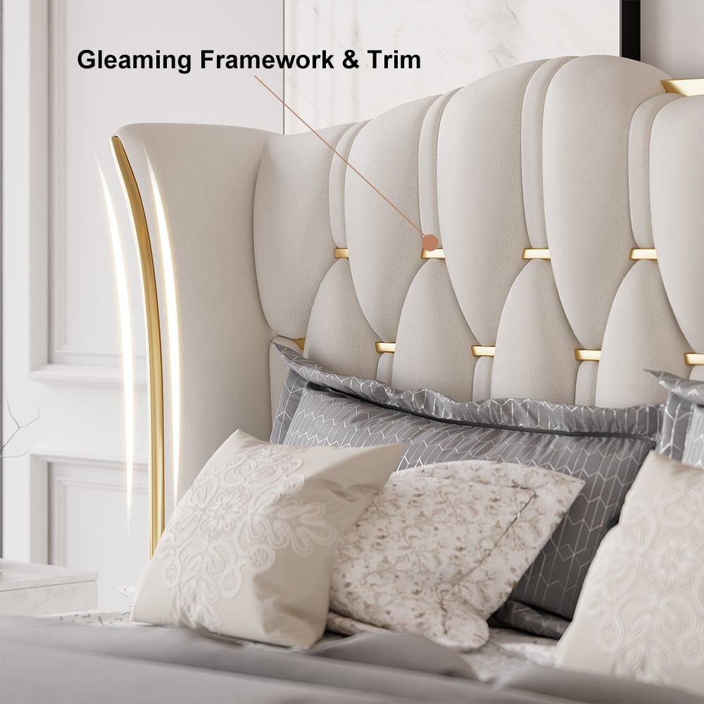 HMR Luxury Upholstered Bed Frame with Tufted Wingback Headboard - Off-White, Queen Size