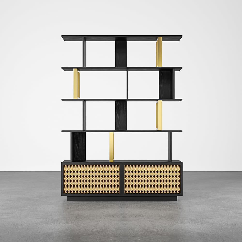 HMR 5-Tier Wood Bookshelf with 2 Doors Modern Bookcase in Gold Finish - Black