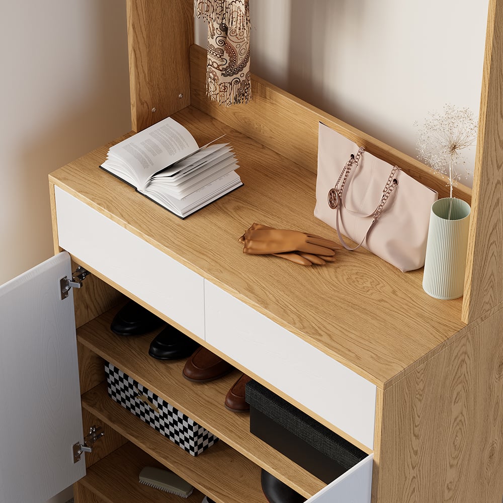 HMR - Natural & White Shoe Cabinet with 5 Shelves 2 Drawers 2 Doors Entryway Shoe Storage