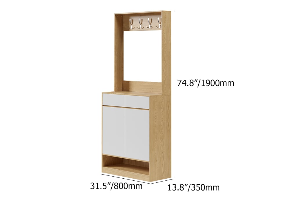 HMR - Natural & White Shoe Cabinet with 5 Shelves 2 Drawers 2 Doors Entryway Shoe Storage