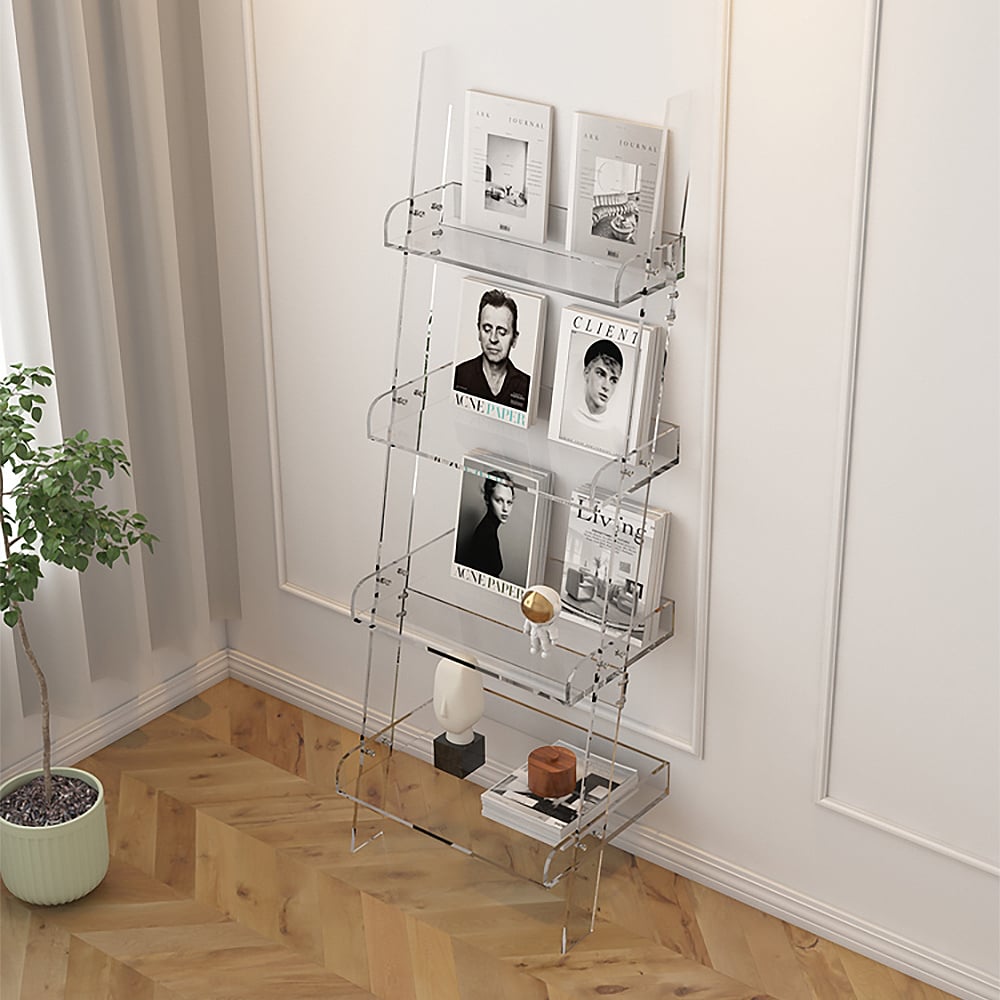 HMR - 4-Shelf Ladder Bookshelf Modern Bookshelf Acrylic Clear Ladder Bookcase