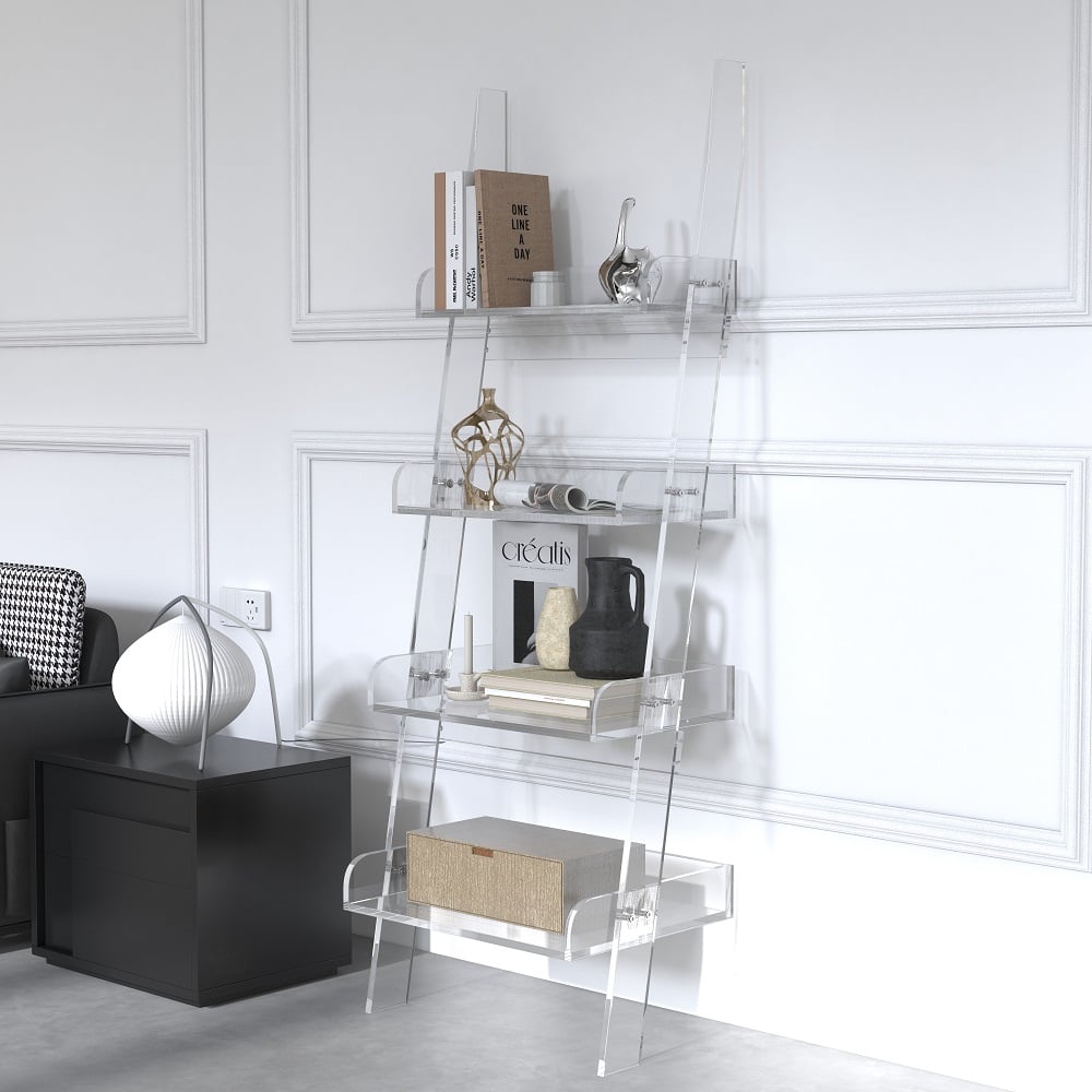 HMR - 4-Shelf Ladder Bookshelf Modern Bookshelf Acrylic Clear Ladder Bookcase
