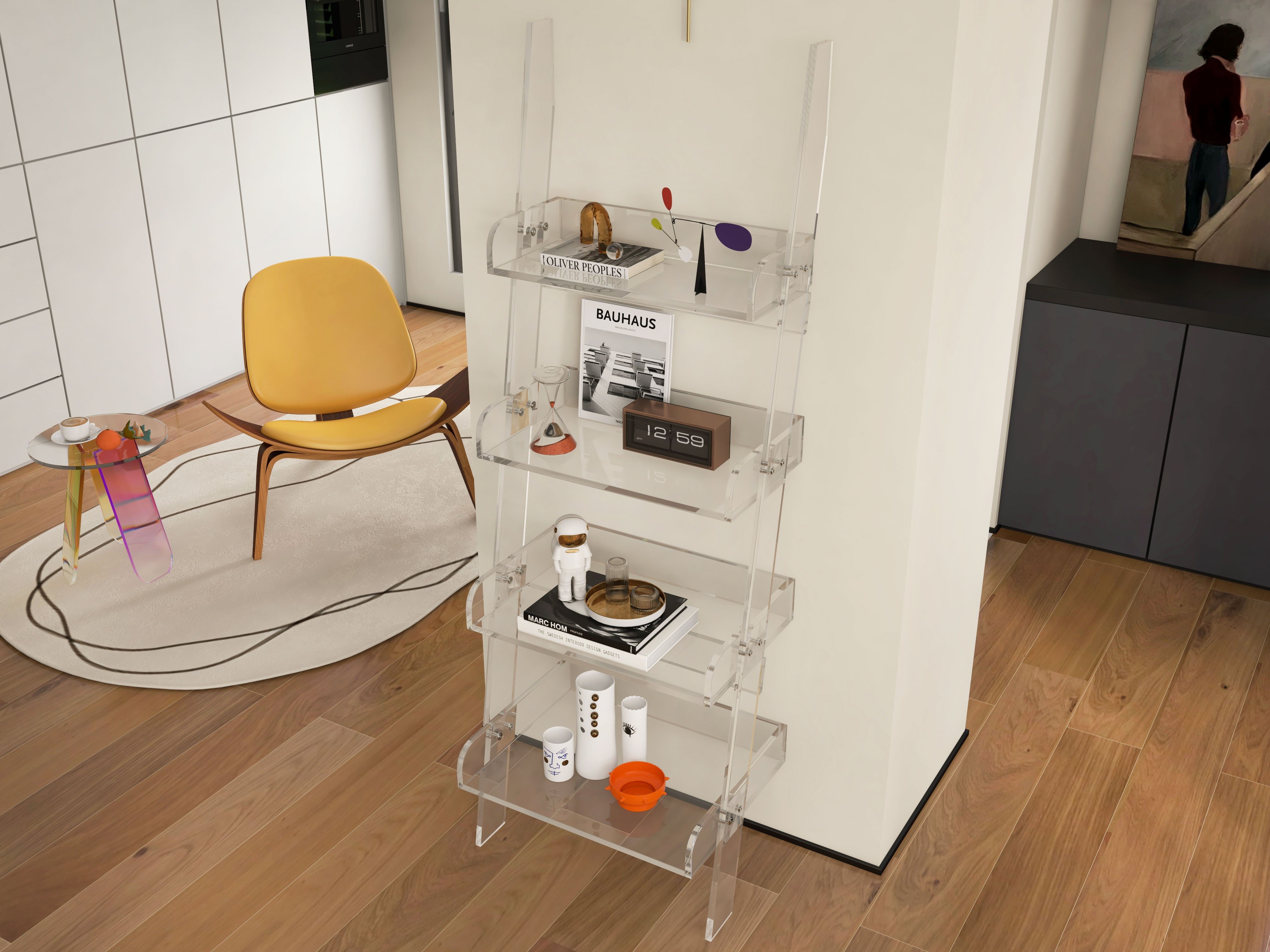 HMR - 4-Shelf Ladder Bookshelf Modern Bookshelf Acrylic Clear Ladder Bookcase