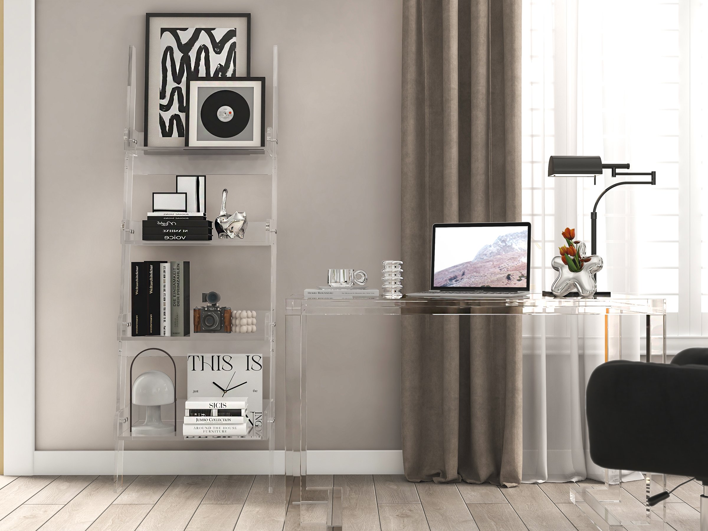 HMR - 4-Shelf Ladder Bookshelf Modern Bookshelf Acrylic Clear Ladder Bookcase