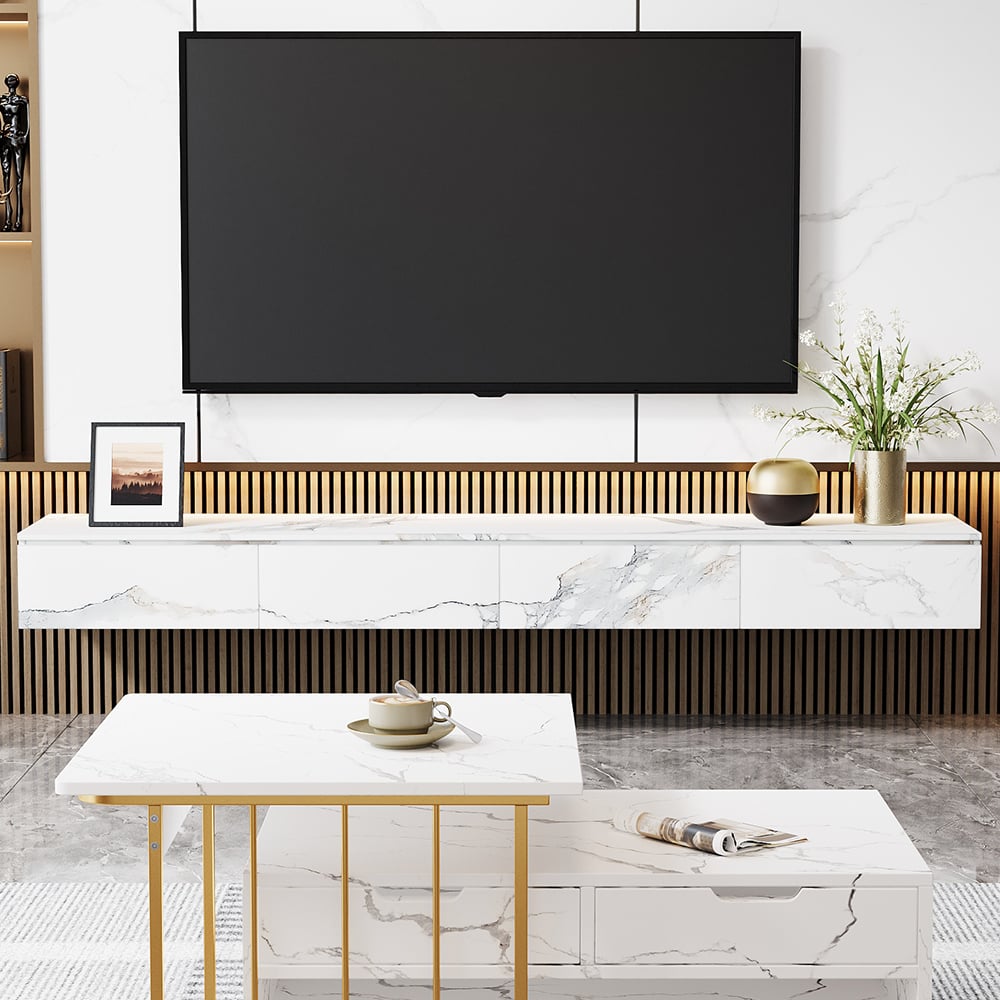 HMR - Floating TV Stand Marble Veneer Wall-Mount Media Console with Storage for TVs up to 85"