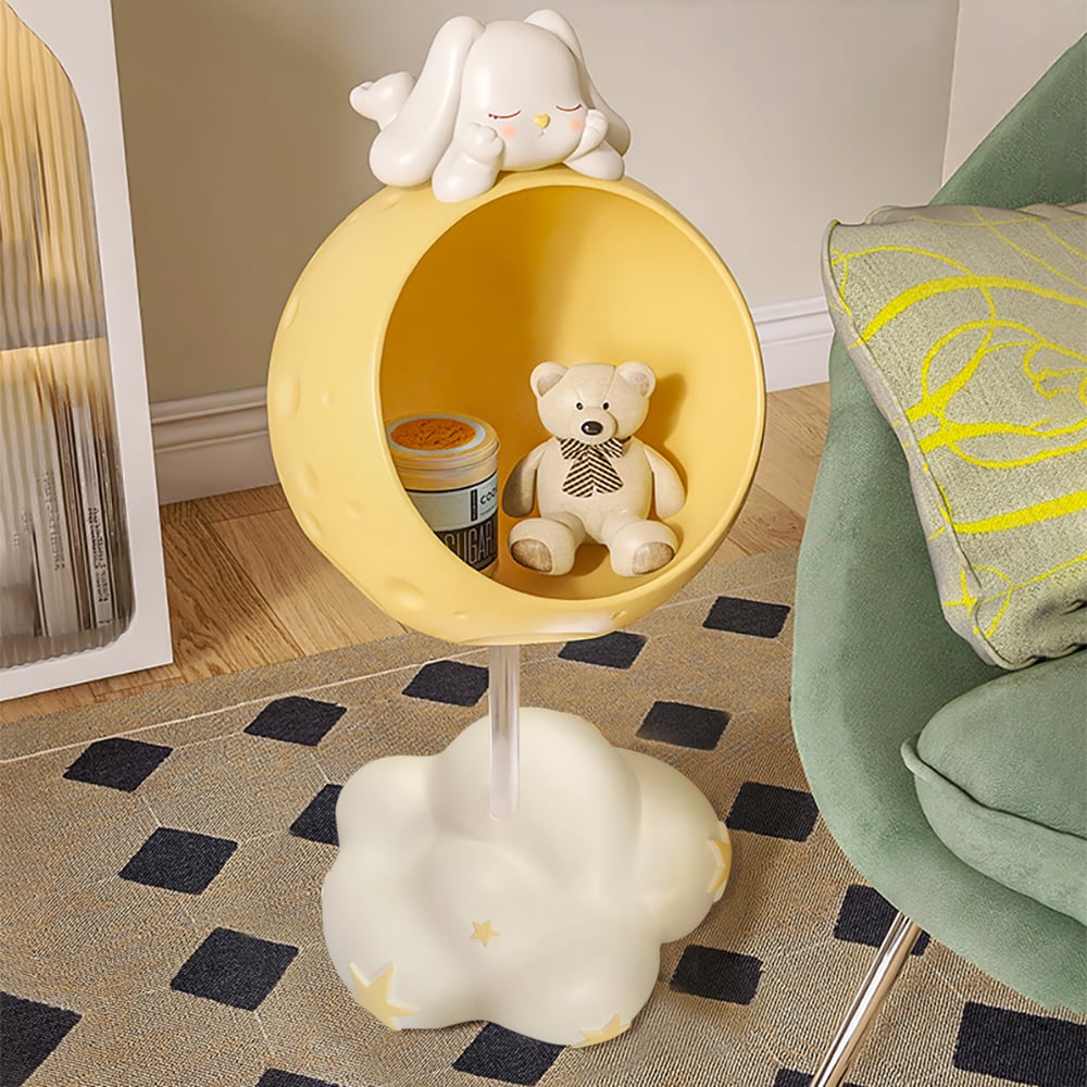 HMR - Cute Flying Rabbit Side Table with Open Storage Floor Resin Bunny End Table