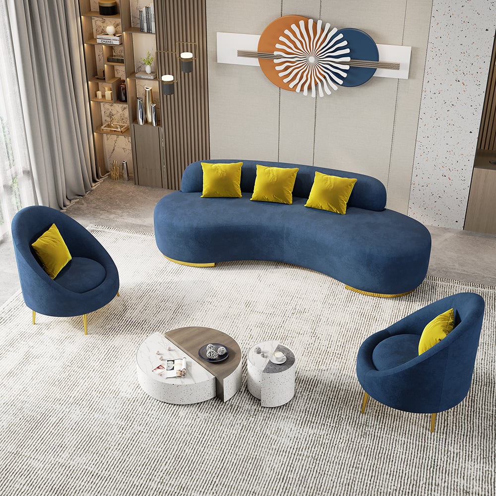 HMR - Velvet Upholstered Curved Sofa Living Room Set of 3 with Pillows Chairs & 3-Seater