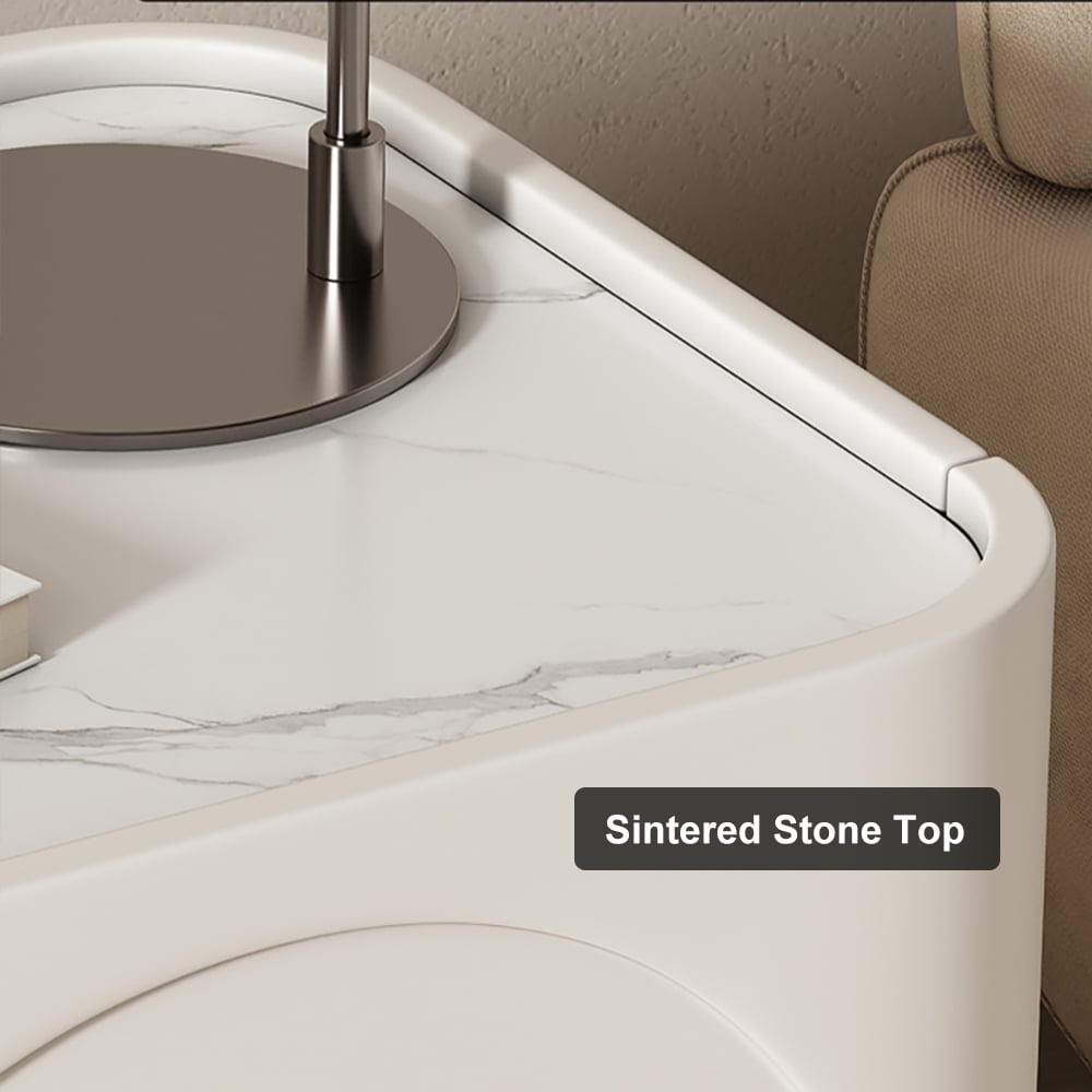 HMR - Modern White Smart Nightstand with Wireless Charger & Sintered Stone Top Bedside Table