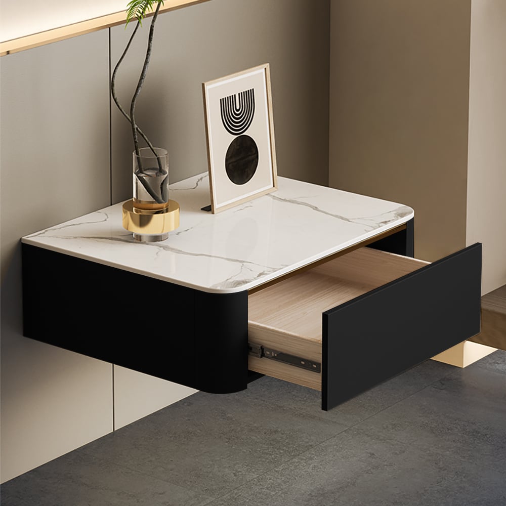 HMR Modern Floating Nightstand 1 Drawer Bedside Table with Sintered Stone Top - Black, Set Of 2
