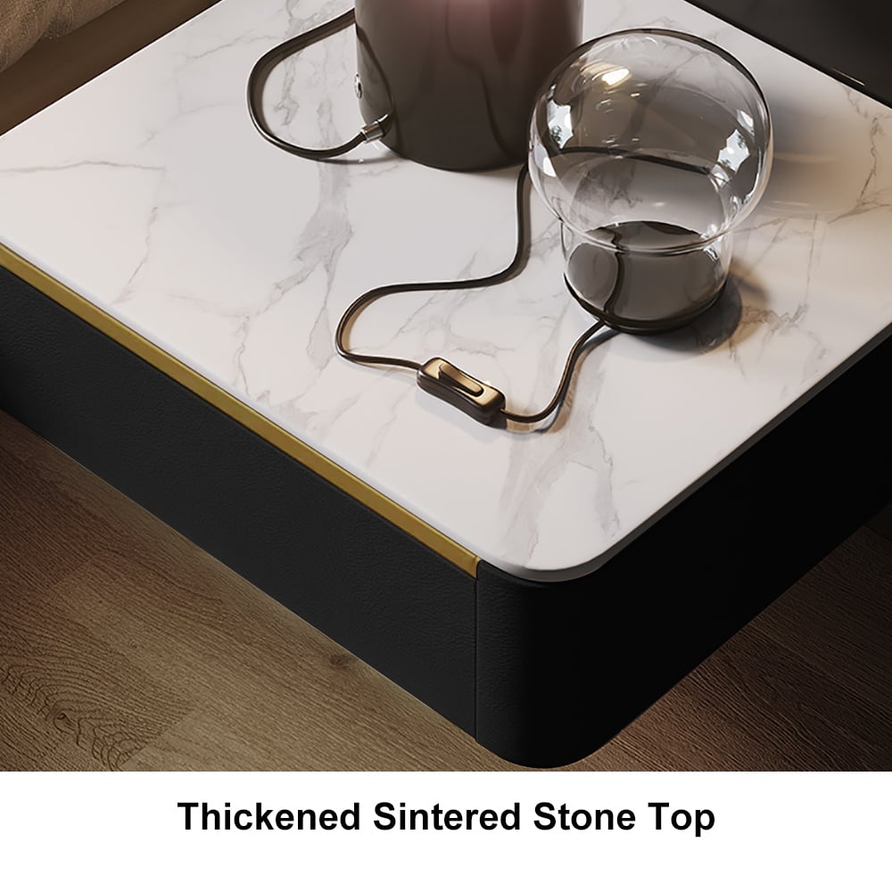 HMR Modern Floating Nightstand 1 Drawer Bedside Table with Sintered Stone Top - Black, Set Of 2