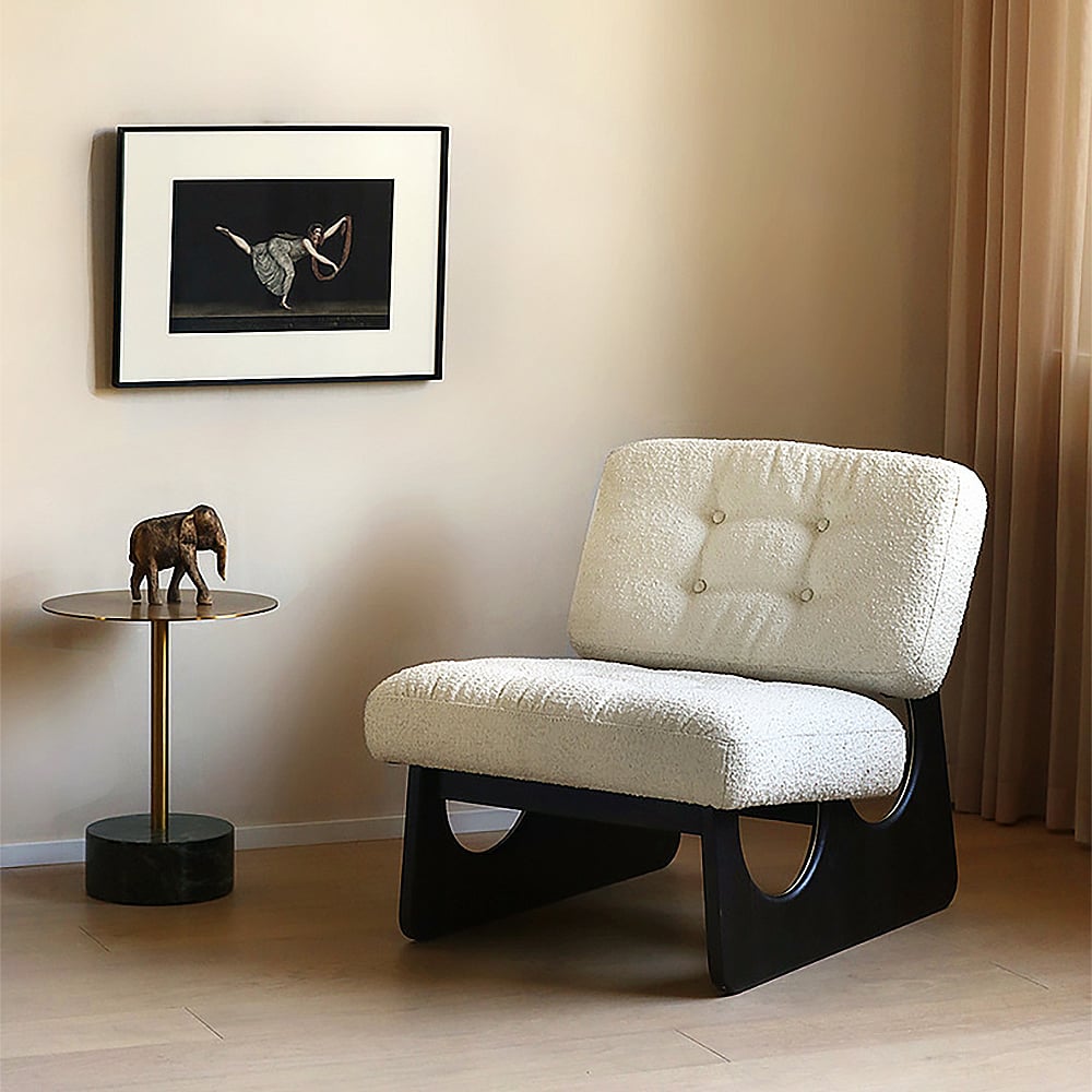 HMR - Japandi Boucle Lounge Chair White & Black Accent Chair Ash Wood Upholstery