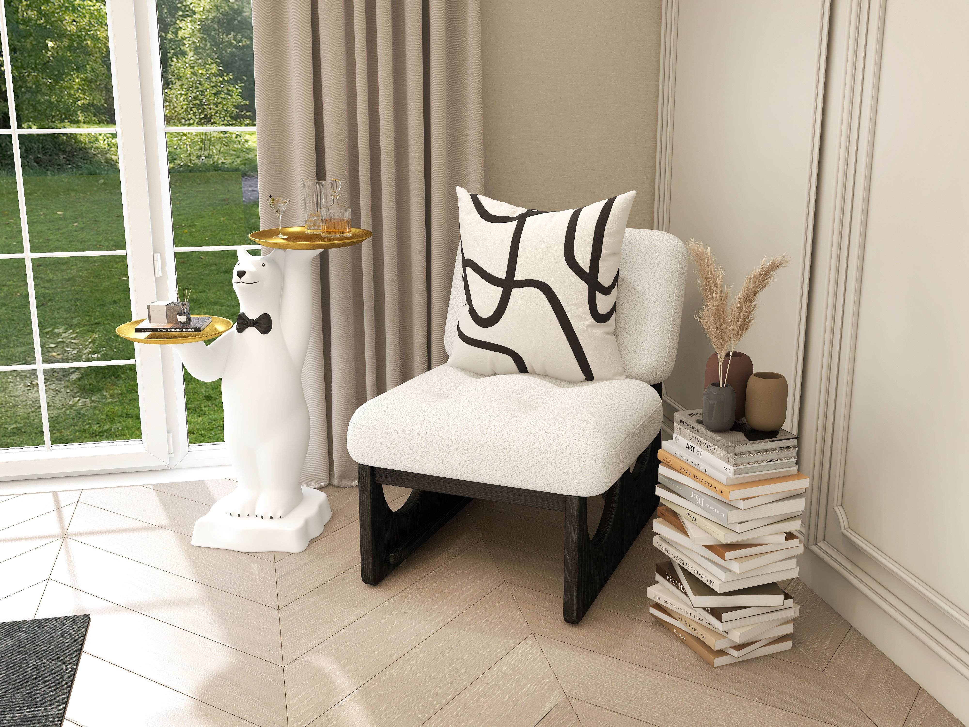 HMR - Japandi Boucle Lounge Chair White & Black Accent Chair Ash Wood Upholstery