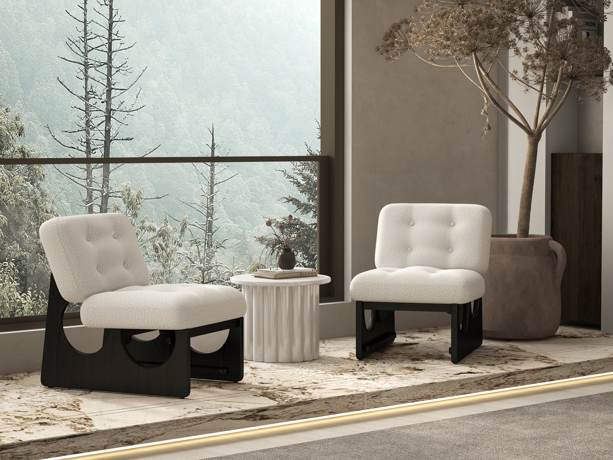 HMR - Japandi Boucle Lounge Chair White & Black Accent Chair Ash Wood Upholstery