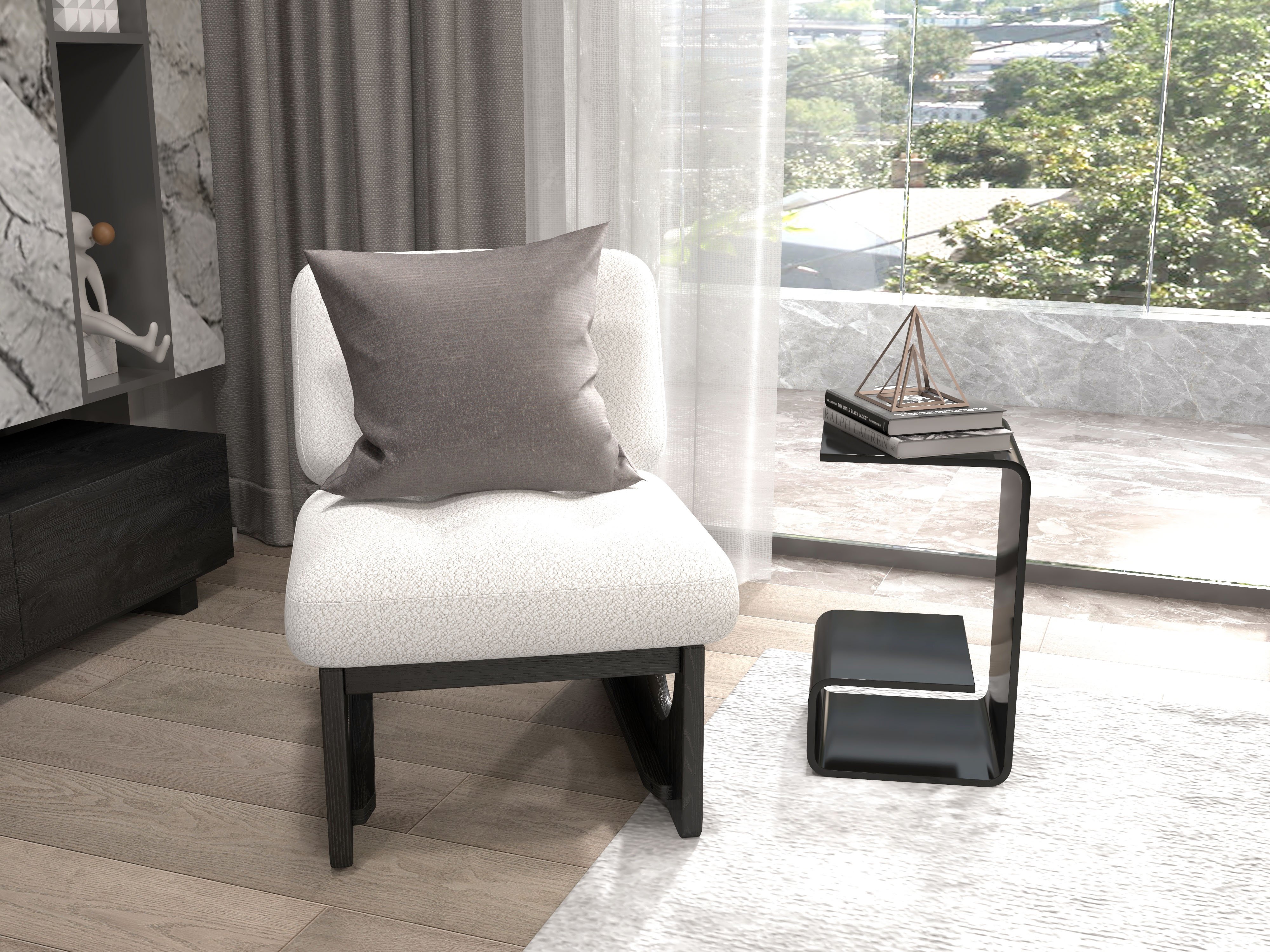 HMR - Japandi Boucle Lounge Chair White & Black Accent Chair Ash Wood Upholstery