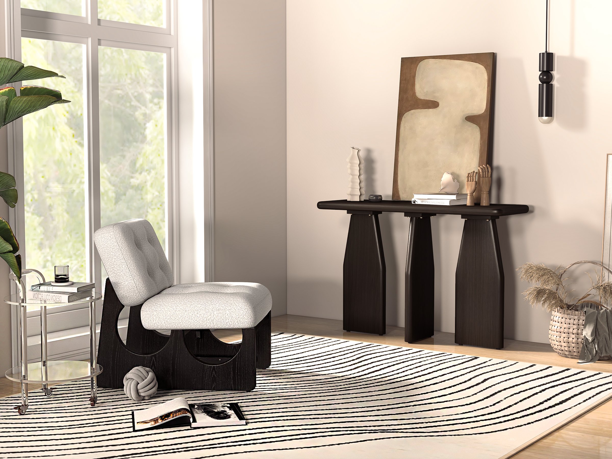 HMR - Japandi Boucle Lounge Chair White & Black Accent Chair Ash Wood Upholstery