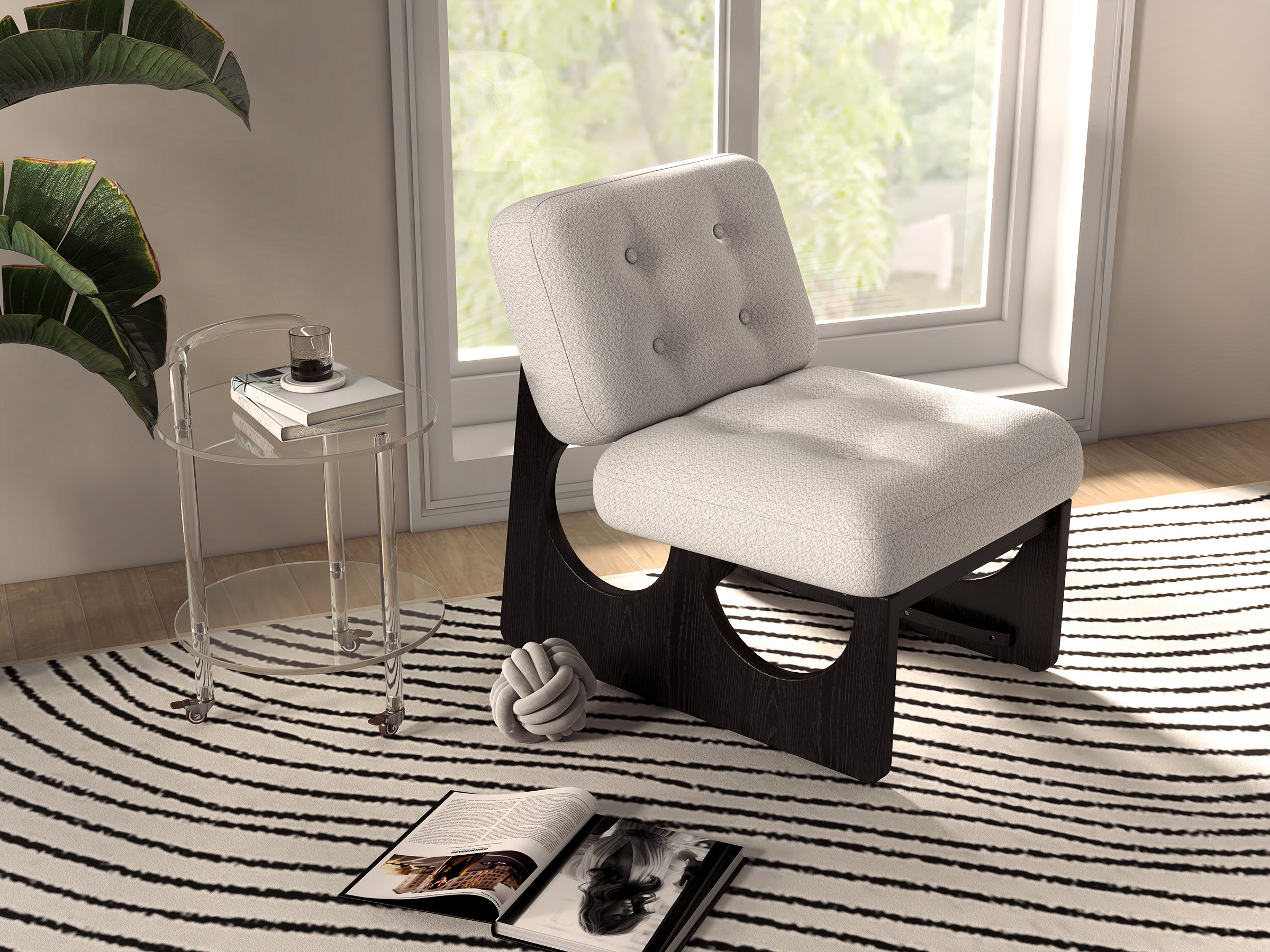 HMR - Japandi Boucle Lounge Chair White & Black Accent Chair Ash Wood Upholstery