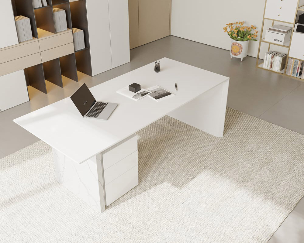 HMR Modern Wooden Desk Home Office Desk & Home Office Chair Set Adjustable Height - White, 70.9"L x 31.5"W x 29.5"