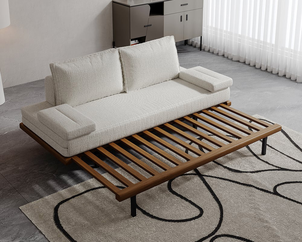 HMR 79" Queen 3-Seater Linen Convertible Futon Bed with Pillows - White