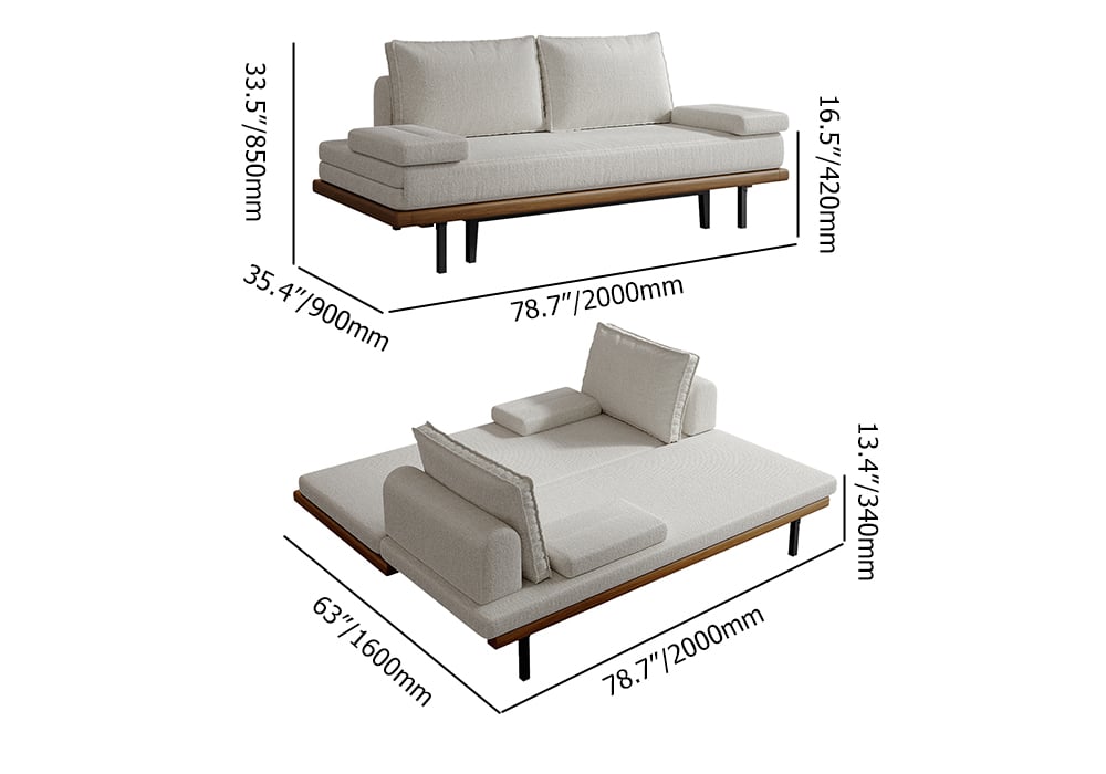 HMR 79" Queen 3-Seater Linen Convertible Futon Bed with Pillows - White