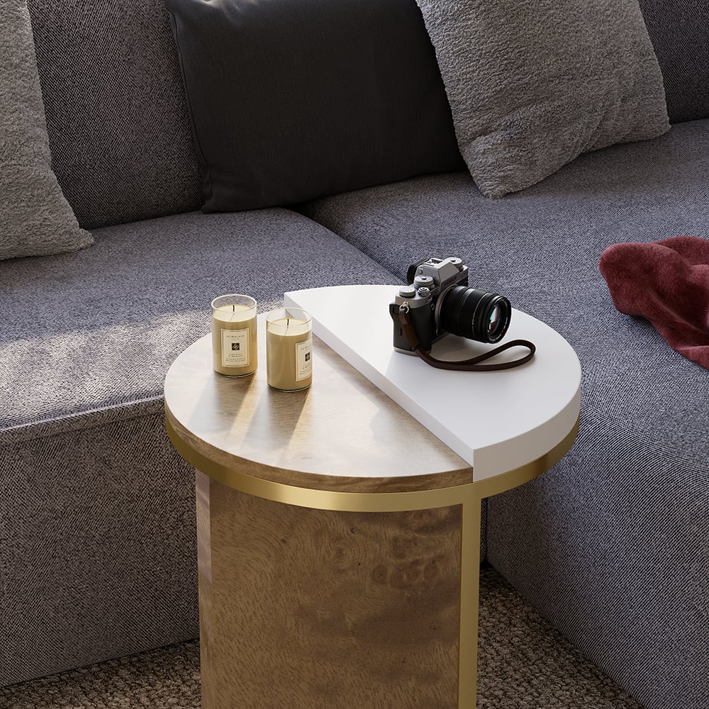 HMR - White Round Side Table with Burl Wood Gold Stainless Steel End Table