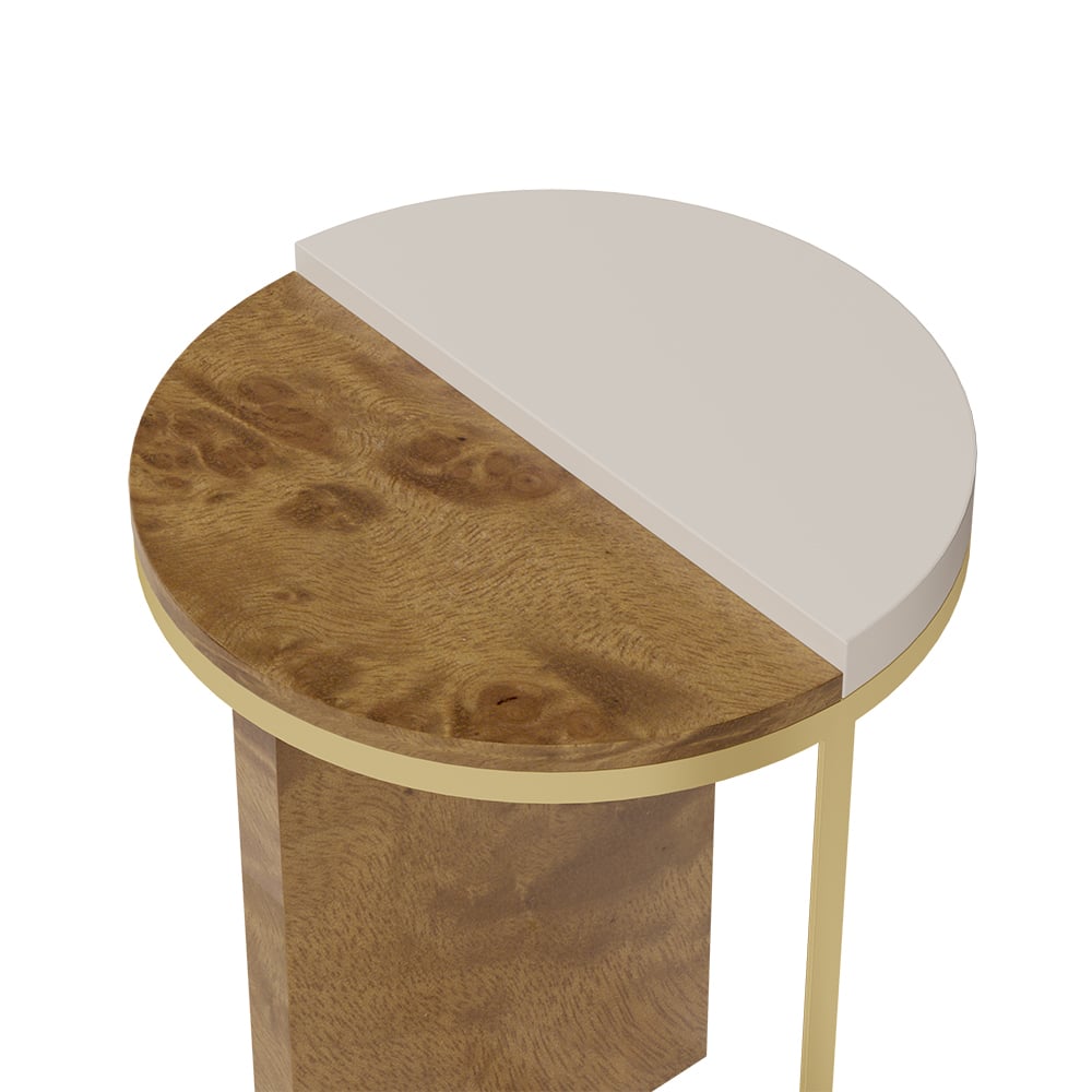 HMR - White Round Side Table with Burl Wood Gold Stainless Steel End Table