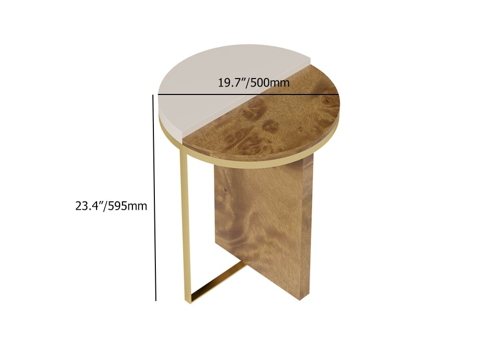 HMR - White Round Side Table with Burl Wood Gold Stainless Steel End Table