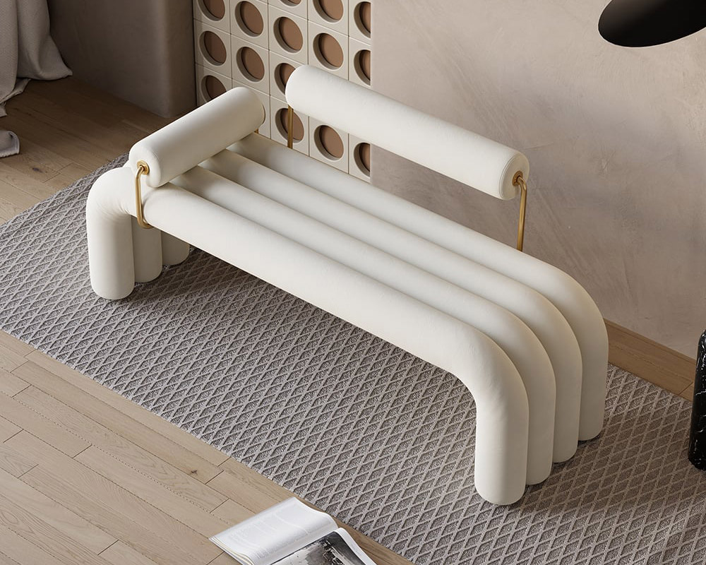 HMR - Modern Line Tufted Bench Velvet Upholstered Entryway Bench in Gold Finish