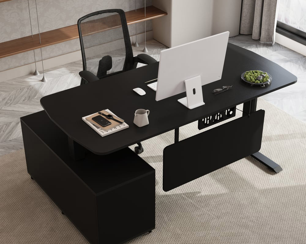 HMR Modern L-Desk Adjustable Electric Standing Desk & Office Chair Set - Black, Right Hand