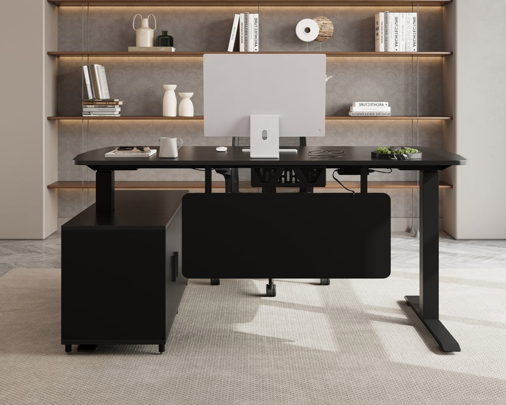 HMR Modern L-Desk Adjustable Electric Standing Desk & Office Chair Set - Black, Right Hand