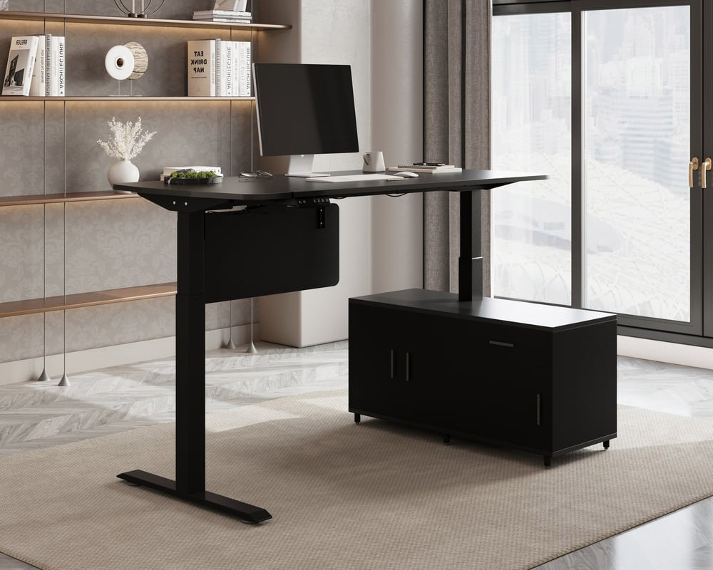 HMR Modern L-Desk Adjustable Electric Standing Desk & Office Chair Set - Black, Right Hand