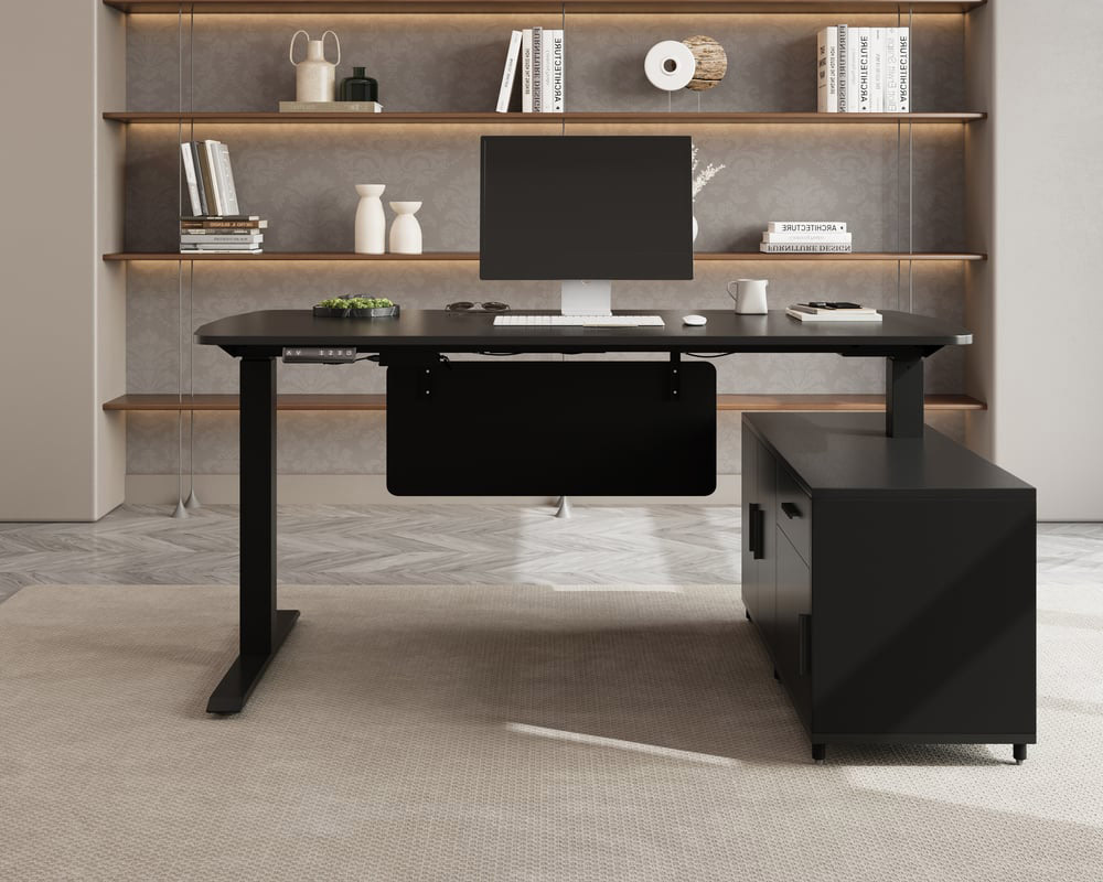 HMR Modern L-Desk Adjustable Electric Standing Desk & Office Chair Set - Black, Right Hand