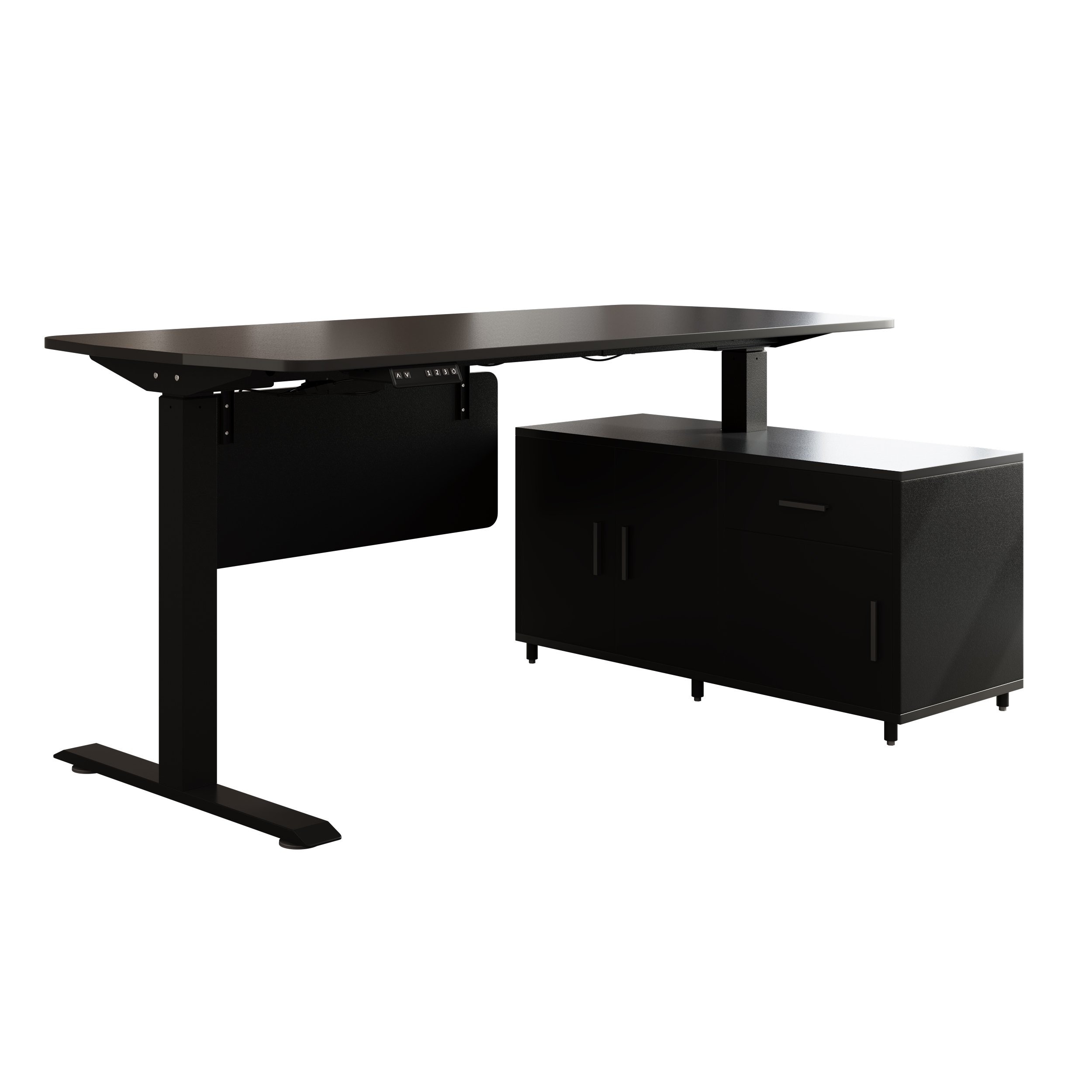 HMR Modern L-Desk Adjustable Electric Standing Desk & Office Chair Set - Black, Right Hand
