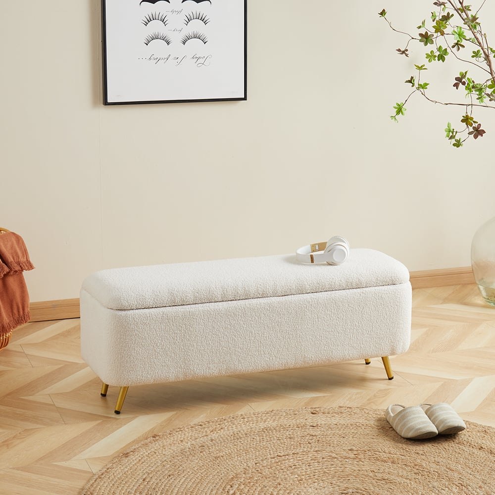 HMR - Modern Bedroom Boucle White Bench Upholstered Ottoman with Storage & Gold Legs