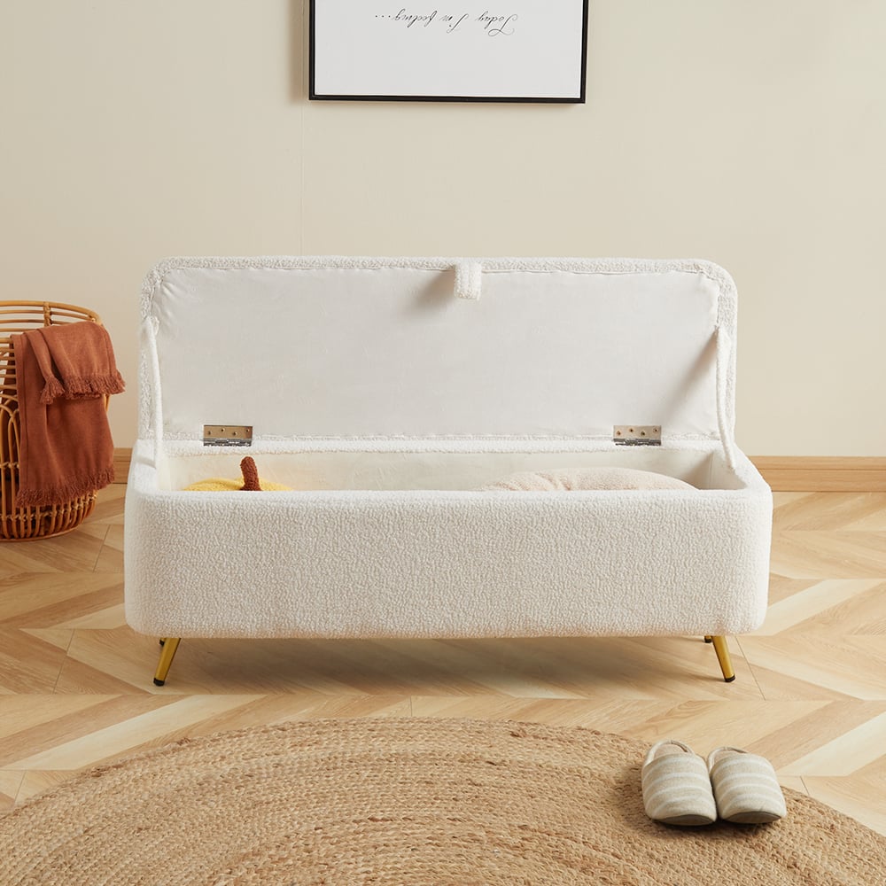 HMR - Modern Bedroom Boucle White Bench Upholstered Ottoman with Storage & Gold Legs