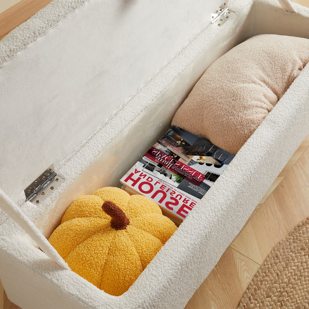HMR - Modern Bedroom Boucle White Bench Upholstered Ottoman with Storage & Gold Legs
