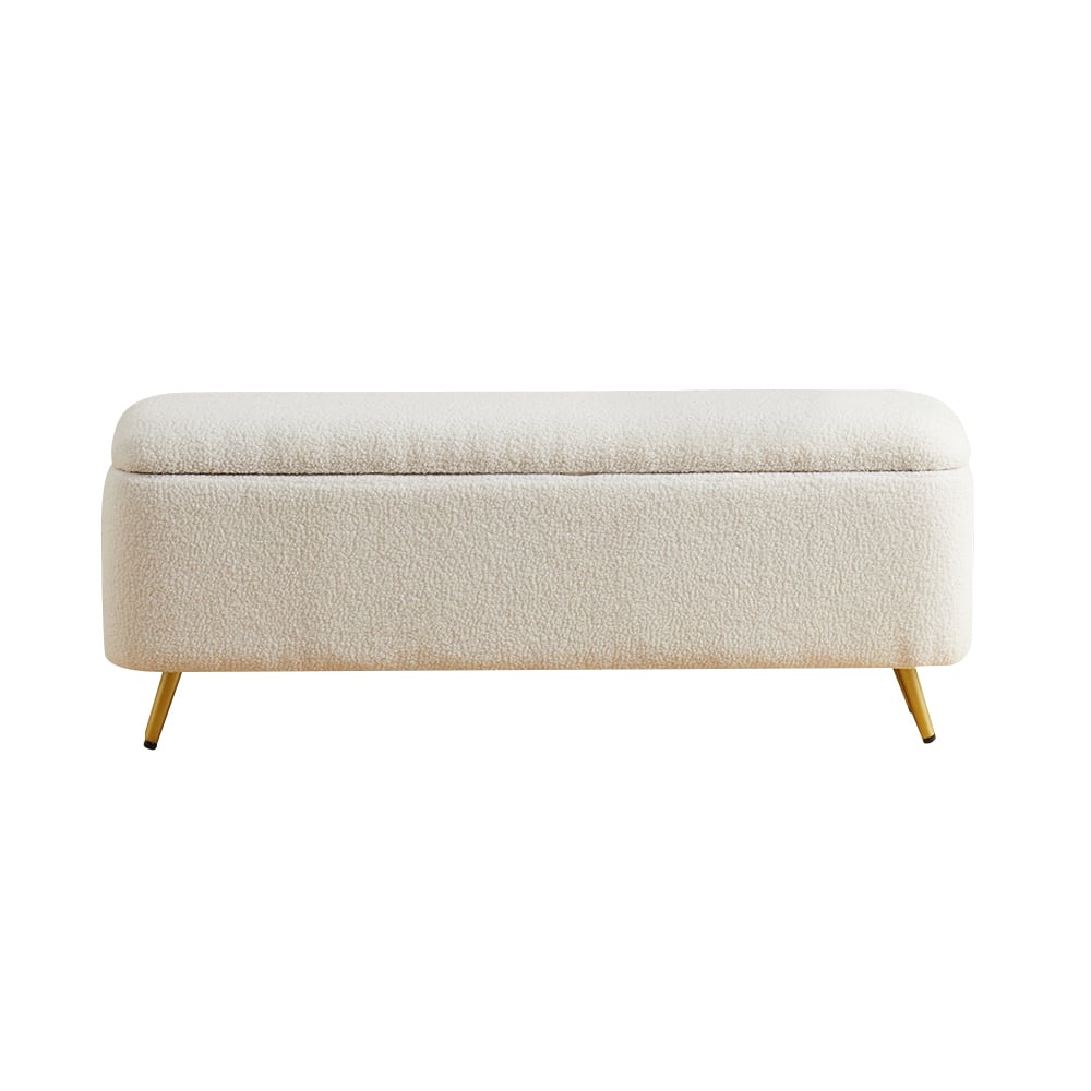 HMR - Modern Bedroom Boucle White Bench Upholstered Ottoman with Storage & Gold Legs