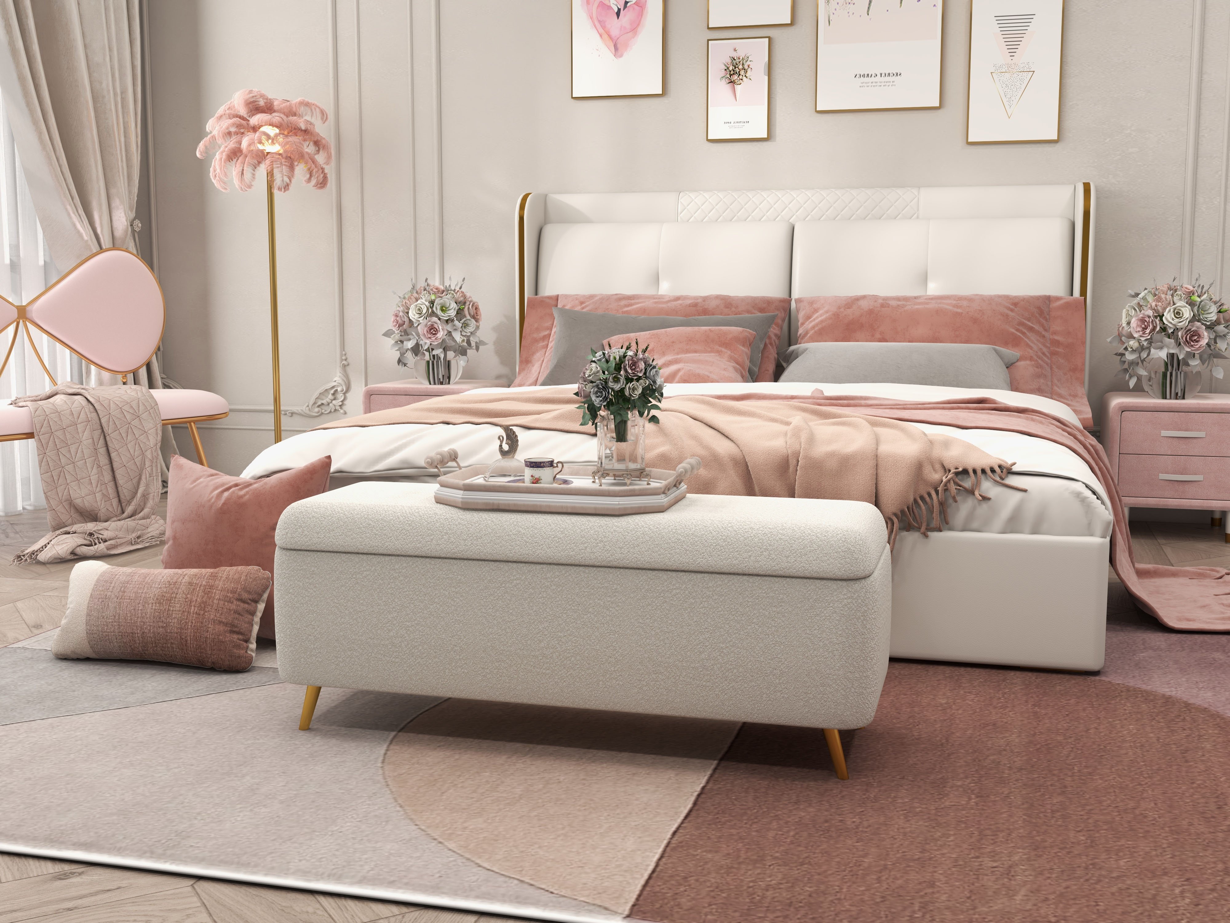 HMR - Modern Bedroom Boucle White Bench Upholstered Ottoman with Storage & Gold Legs
