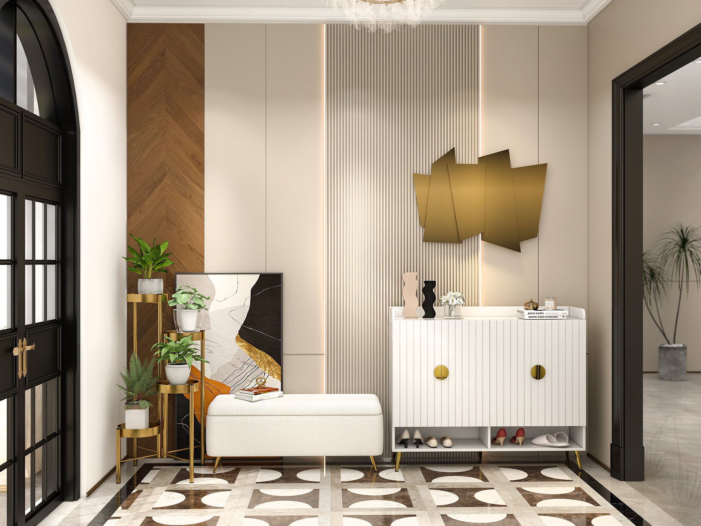HMR - Modern Bedroom Boucle White Bench Upholstered Ottoman with Storage & Gold Legs