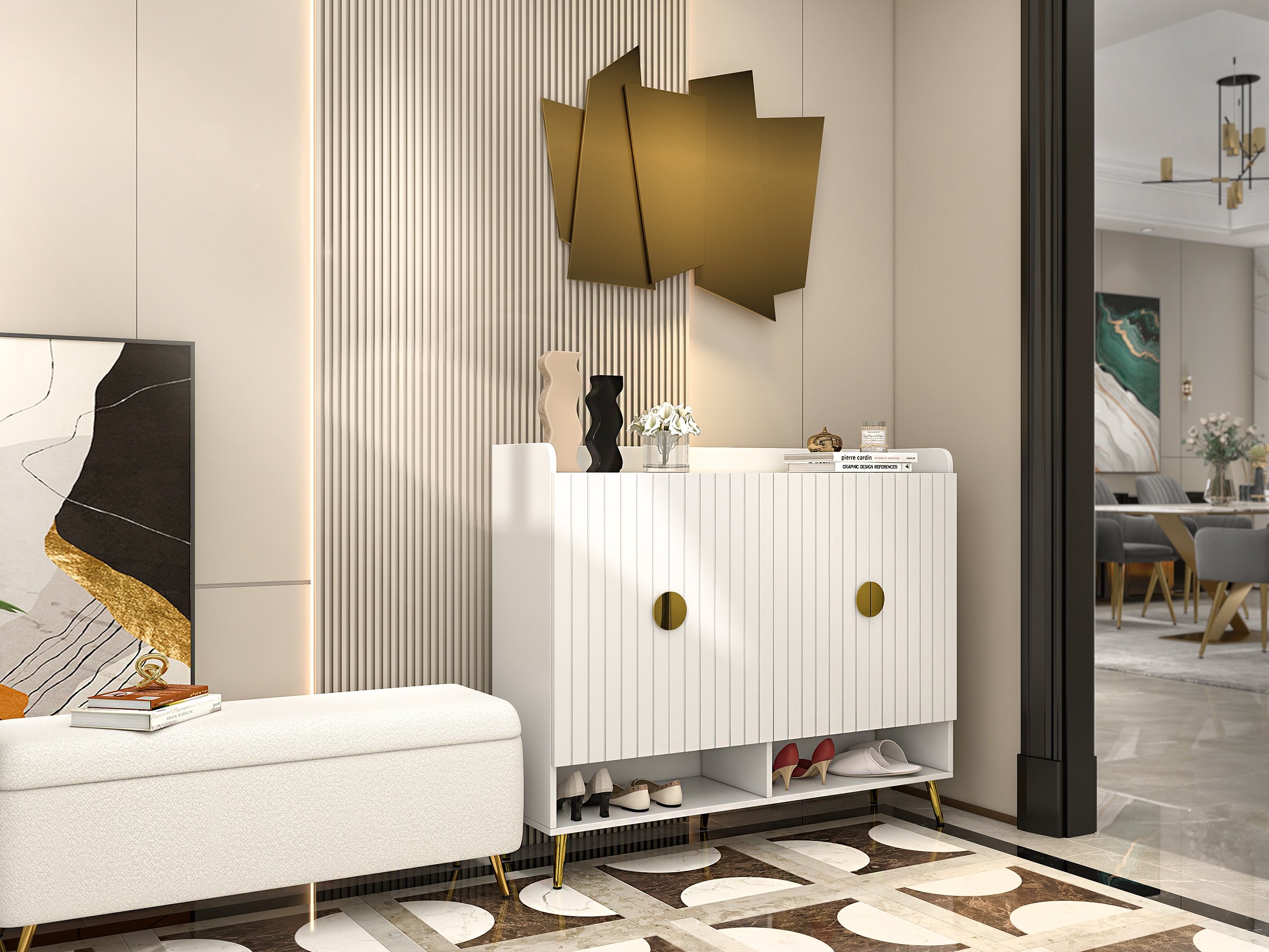 HMR - Modern Bedroom Boucle White Bench Upholstered Ottoman with Storage & Gold Legs