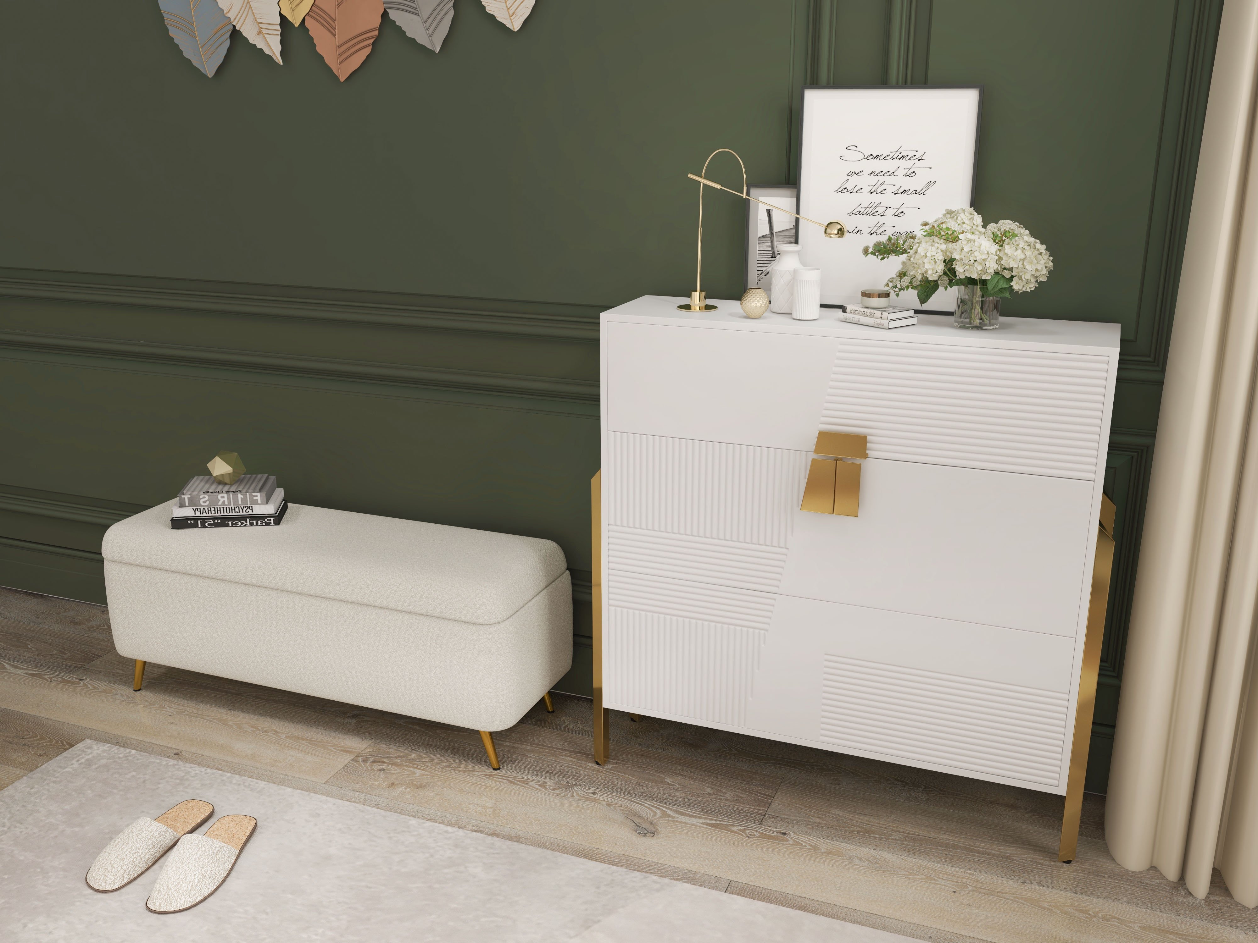 HMR - Modern Bedroom Boucle White Bench Upholstered Ottoman with Storage & Gold Legs