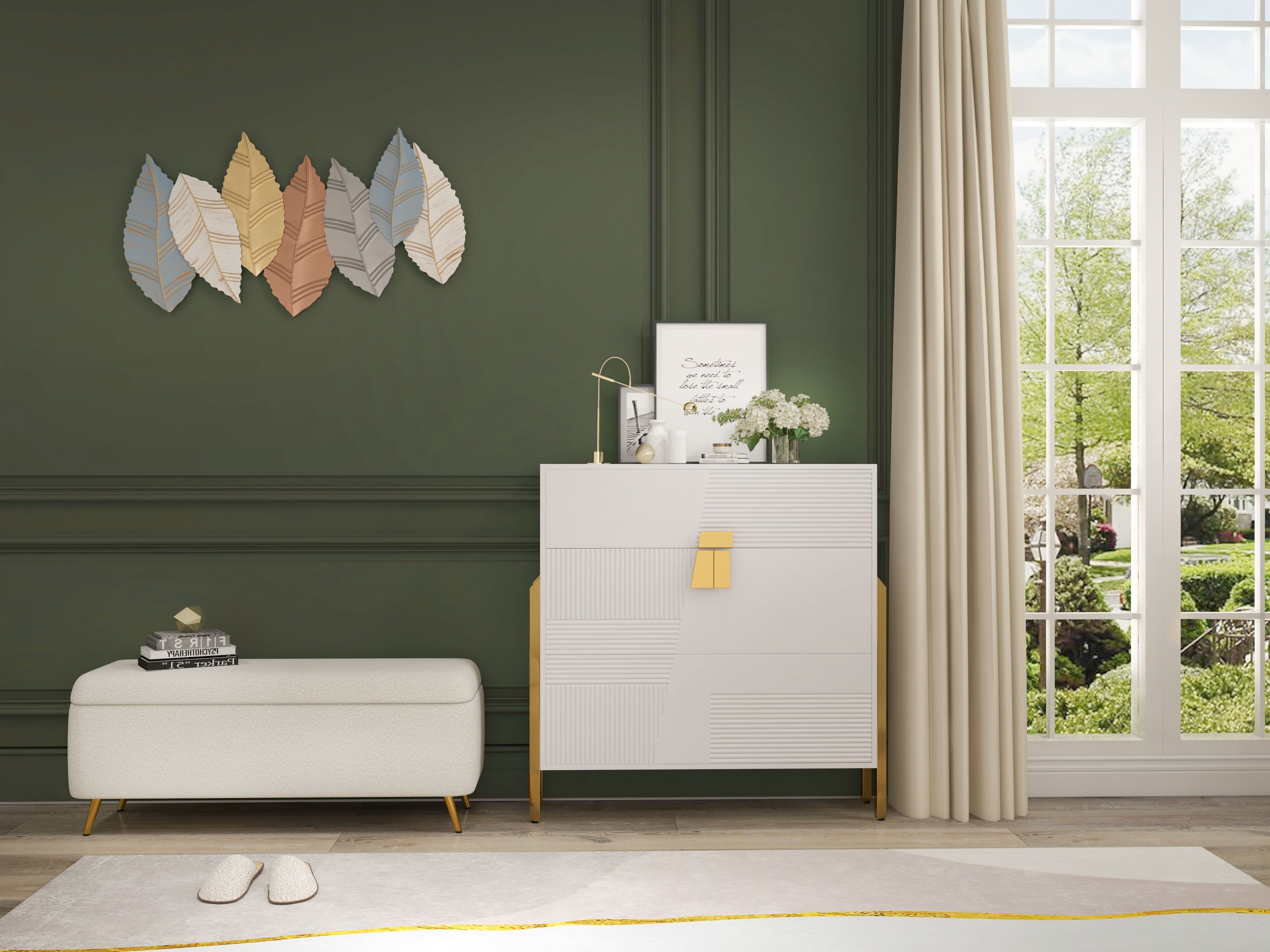 HMR - Modern Bedroom Boucle White Bench Upholstered Ottoman with Storage & Gold Legs