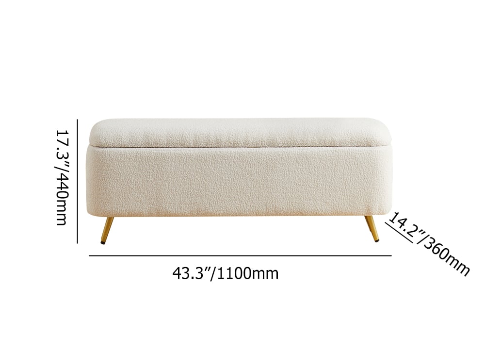 HMR - Modern Bedroom Boucle White Bench Upholstered Ottoman with Storage & Gold Legs