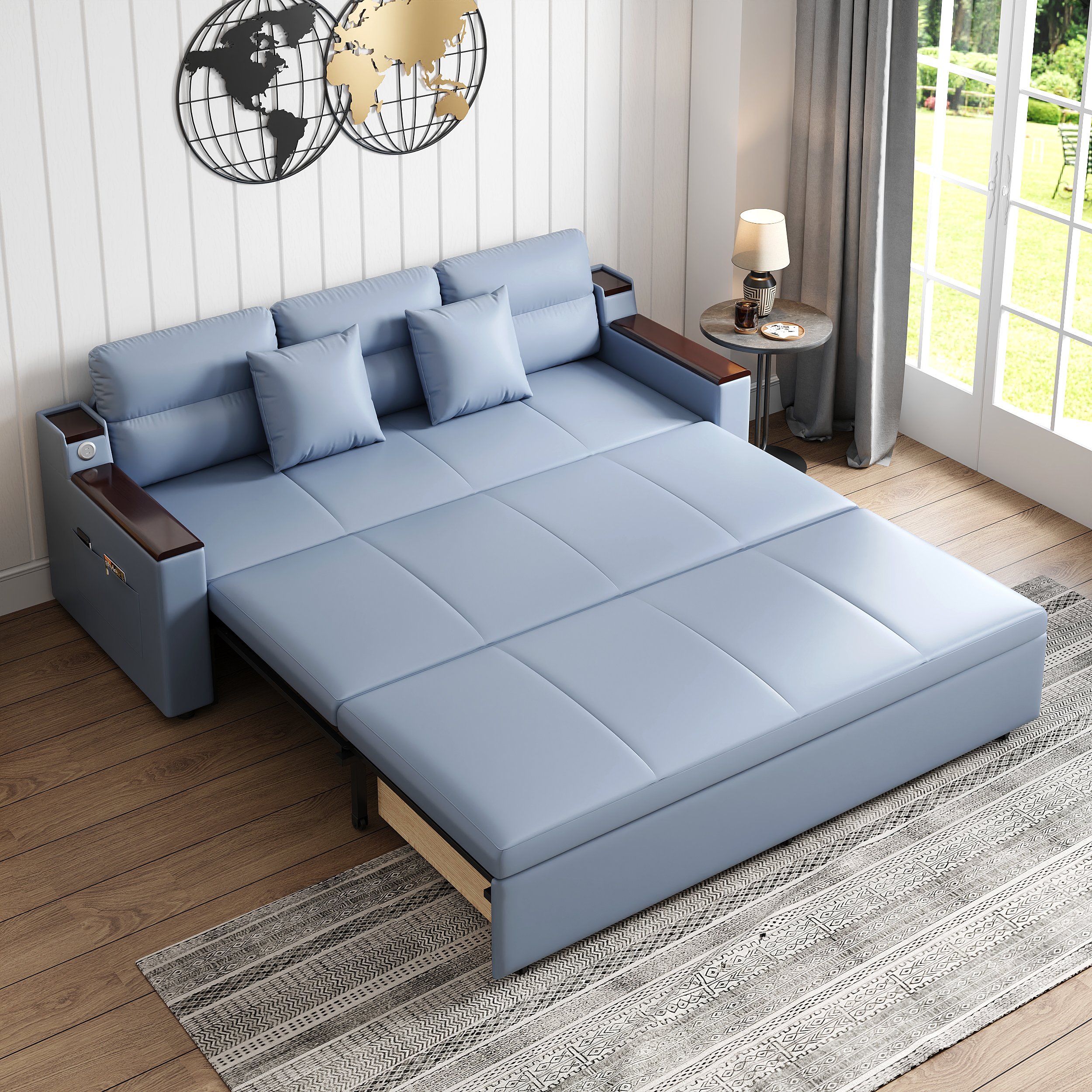HMR 83" King 3-Seater Sleeper Sofa with Trundle & USB Port - Blue, Leath-Aire