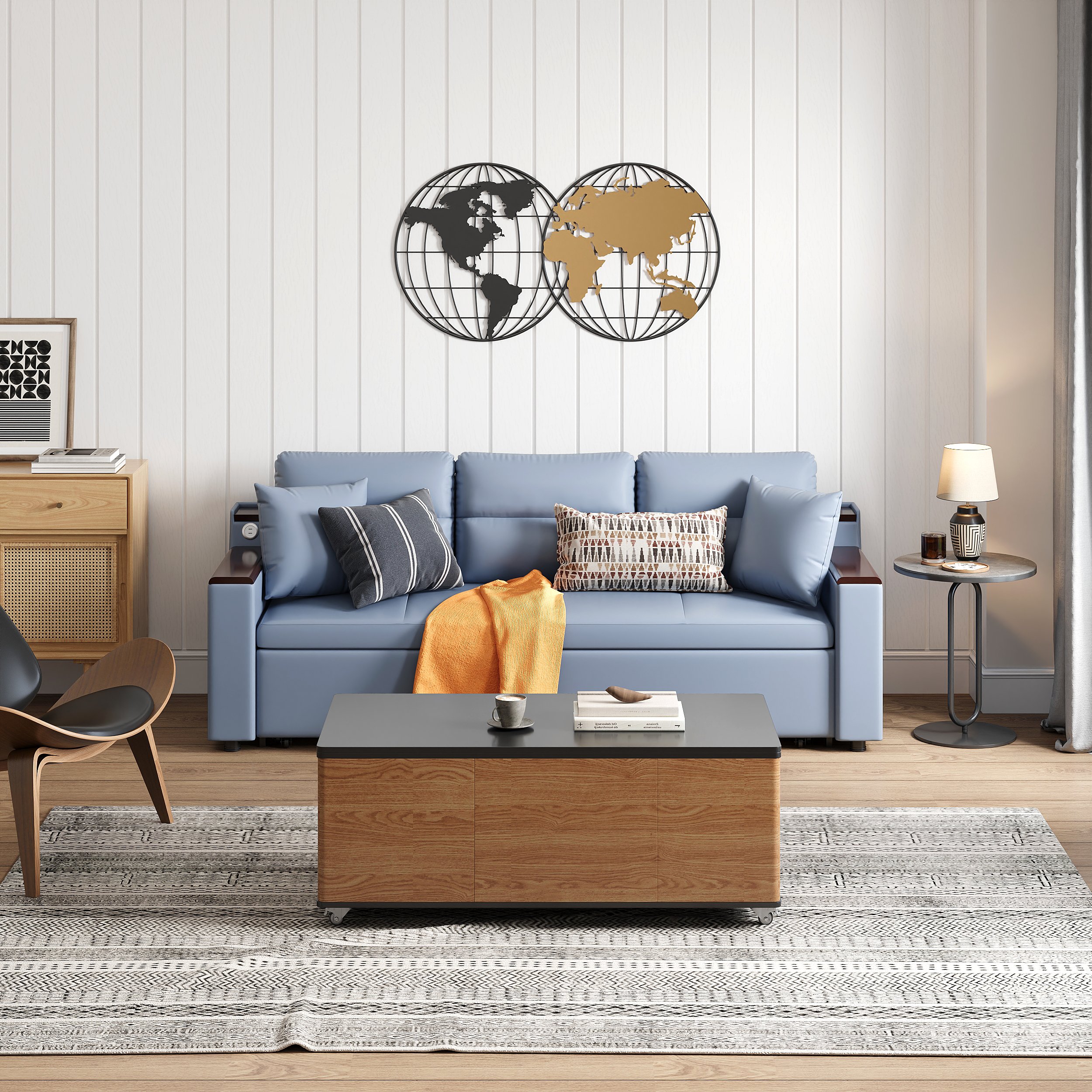 HMR 83" King 3-Seater Sleeper Sofa with Trundle & USB Port - Blue, Leath-Aire