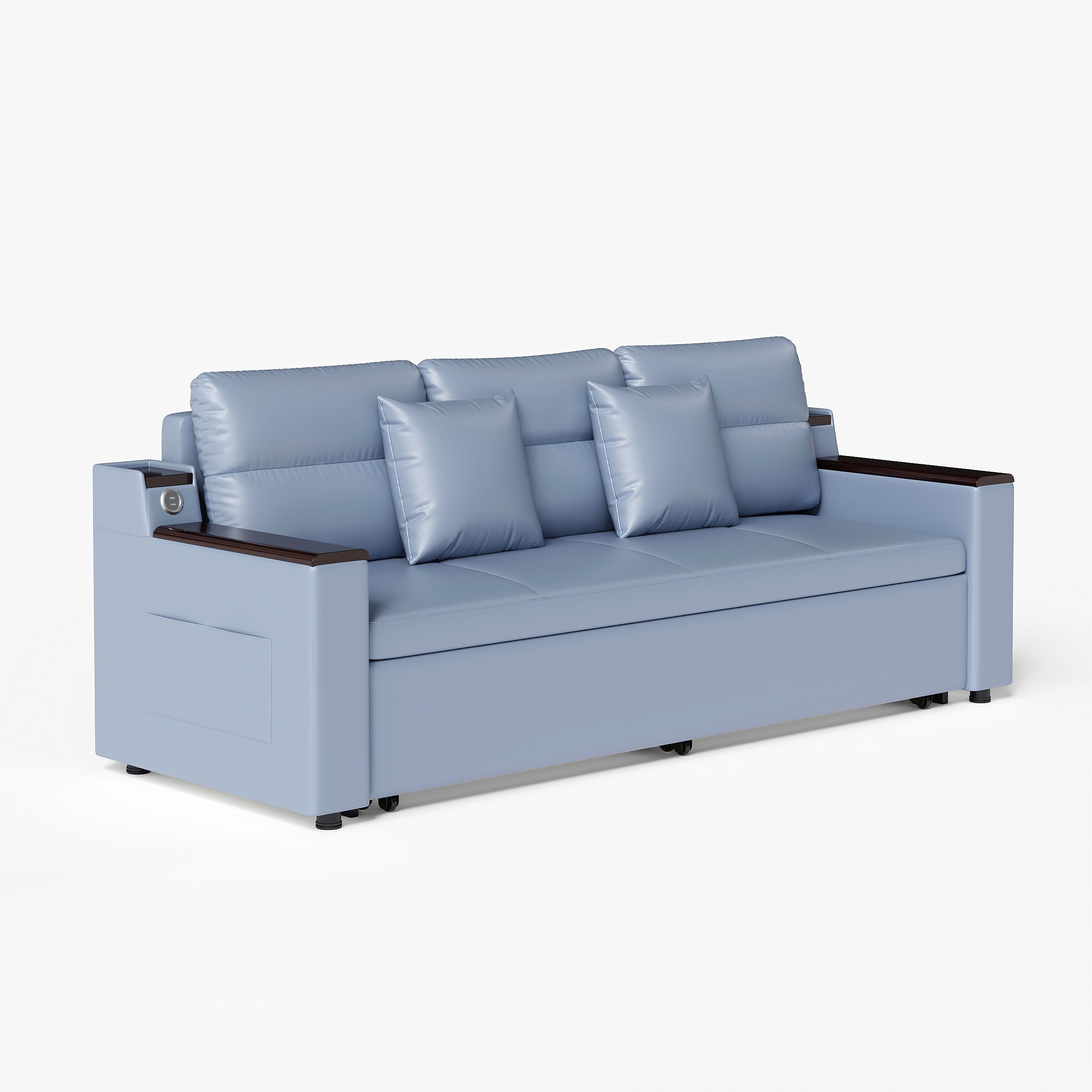 HMR 83" King 3-Seater Sleeper Sofa with Trundle & USB Port - Blue, Leath-Aire