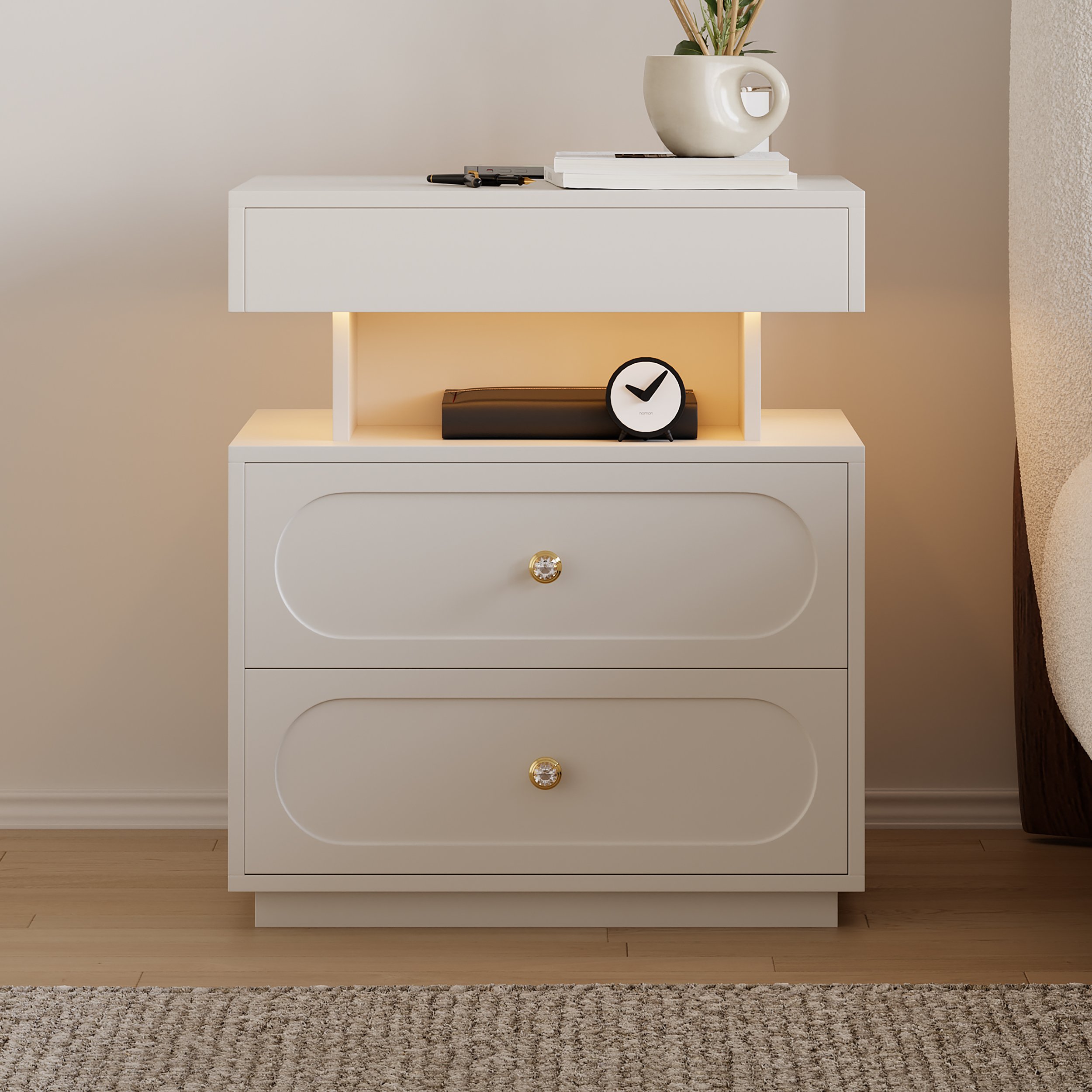 HMR Floating 3-Drawer LED Smart Nightstand with Light - White, Set Of 2