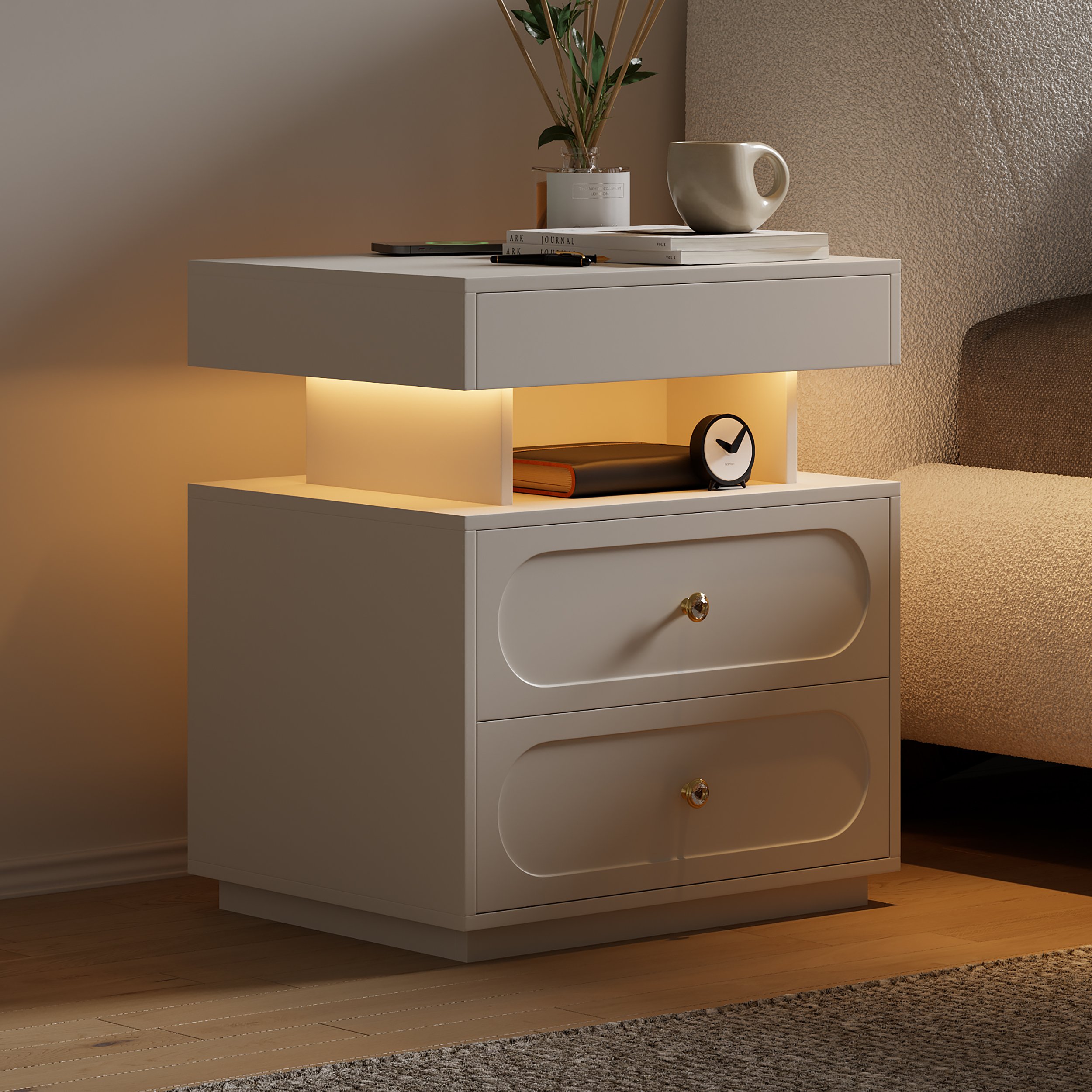 HMR Floating 3-Drawer LED Smart Nightstand with Light - White, Set Of 2